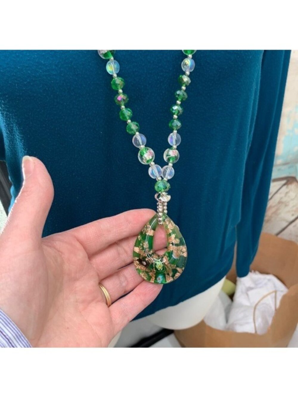 Handcrafted Green and Gold Foil Beaded Necklace With Glass Pendant & Lobster Cla